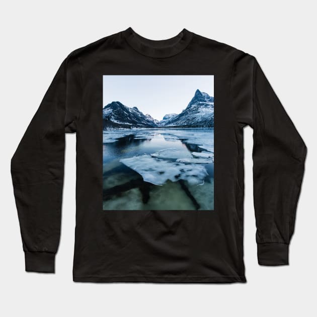 Ice Floating on Innerdalen Lake With Mountain Range on Freezing Winter Day Long Sleeve T-Shirt by visualspectrum